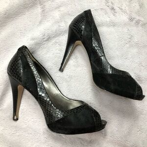 Nine West Snakeskin and Suede Open Toe Pump